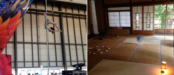 左：Miwa Yanagi的钢管舞表演者。右：毛利悠子装置作品。