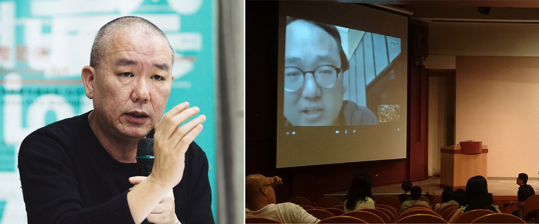 左：艺术家陈界仁.摄影：朱祈安；右：中国美术学院的高士明在视频发言（左上），台北艺术大学的黄建宏（右下）.摄影：陈克伦