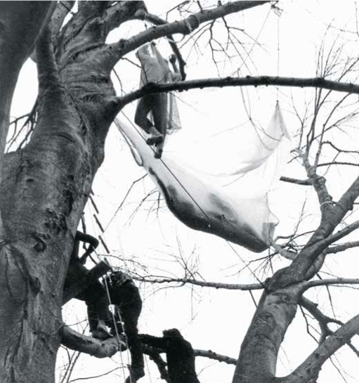 戈登・马塔－克拉克（Gordon Matta-Clark），《树舞》, 1971年。行为现场，瓦萨学院，纽约州波基普西市，1971年5月。
