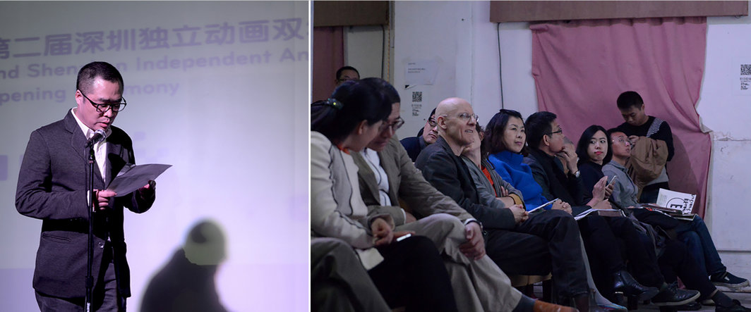 左：华侨城创意文化园总经理刘洪杰；右：出席开幕式现场的部分艺术家.