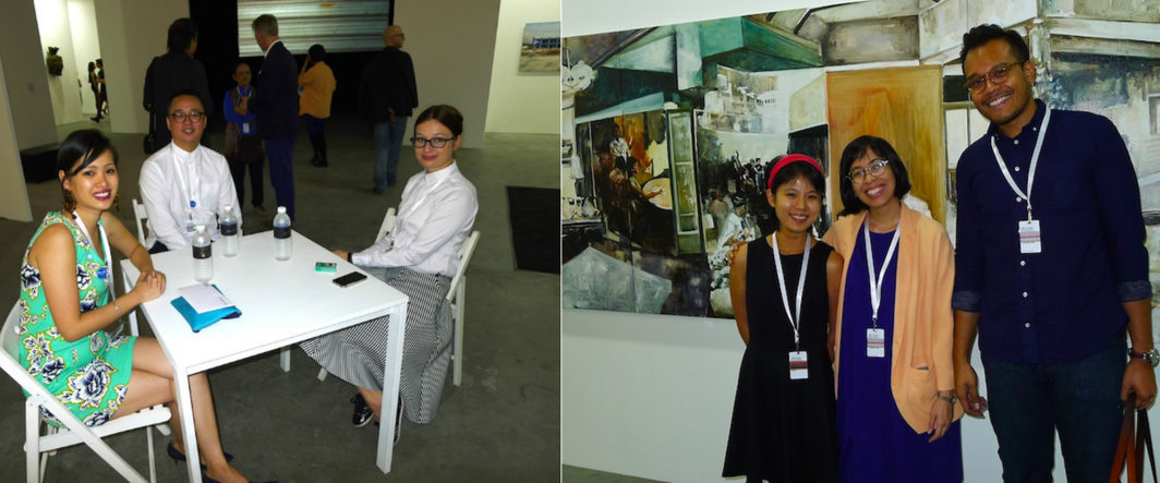 左：吉隆坡“我们的艺术项目” 总监 Lisa Ho，艺术家 Chris Chong Chan Fui与友人；右：国家文艺委员会的 Elizabeth Gan，Steph画廊的Kamiliah Maimon-Bahdar 与艺术家Hilmi Johandi.