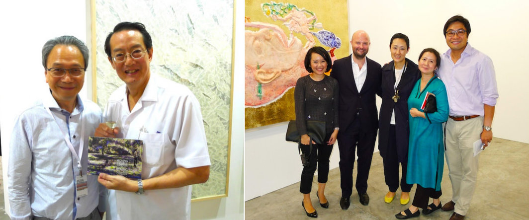 左：Ikkan艺术国际的Ikkan Sanada与新加坡中国当代艺术美术馆馆长Waffles Wu；右：Rogue Art的Rachael Ng， Asia Bonhams执行主席Magnus Renfrew, STPI总监Emi Eu，Rogue Art的Beverly Yong与友人.