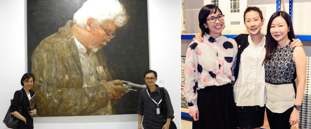 左：香港藏家兼Huit画廊主Jane Chao与马来西亚艺术家Kow Leong Kiang；右：Steph 画廊的Kamiliah Maimon-Bahdar，Stephanie Tham与友人.