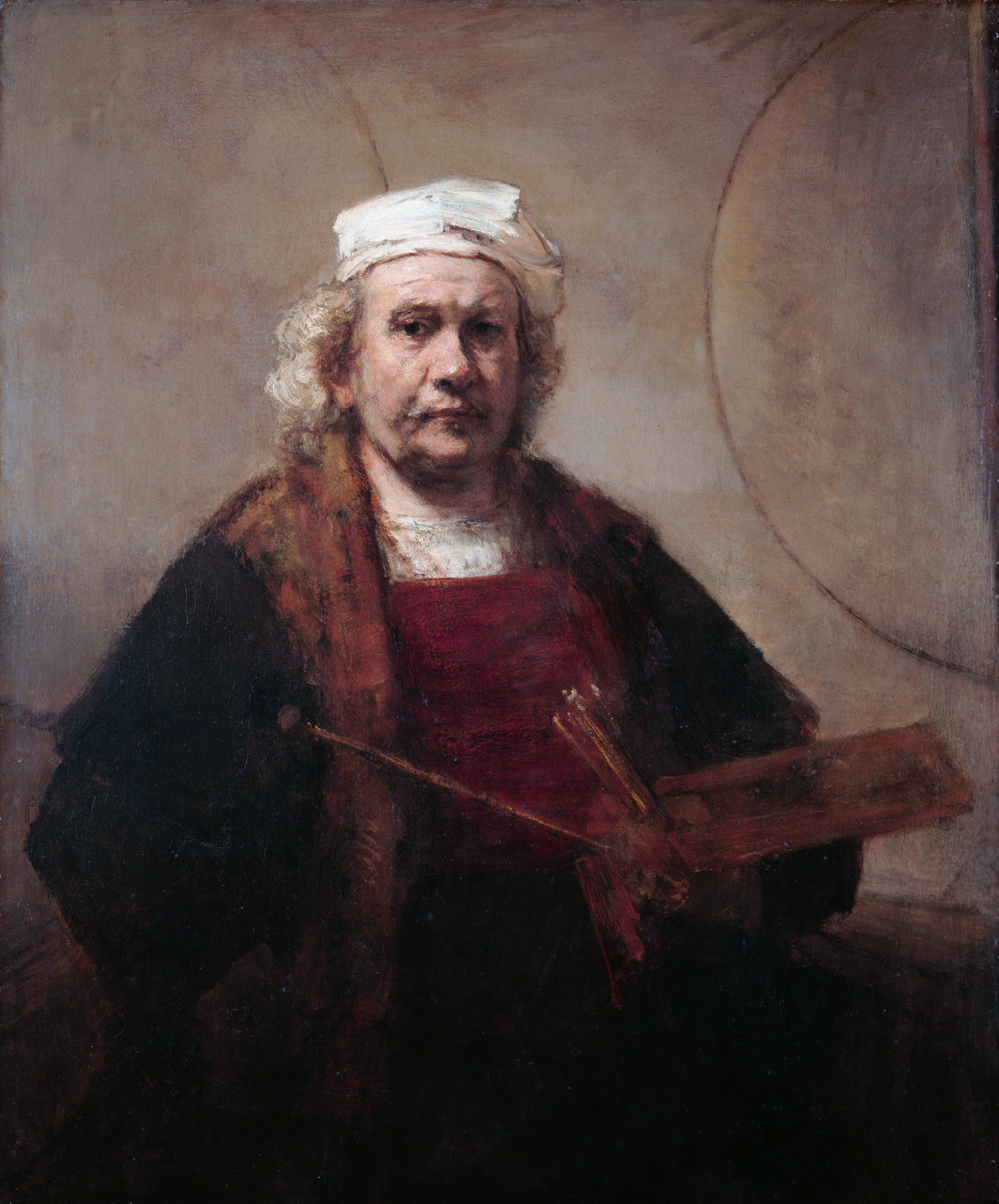 伦勃朗，《有两个圆的自画像》，约1665–69年，布面油画，45 × 37".