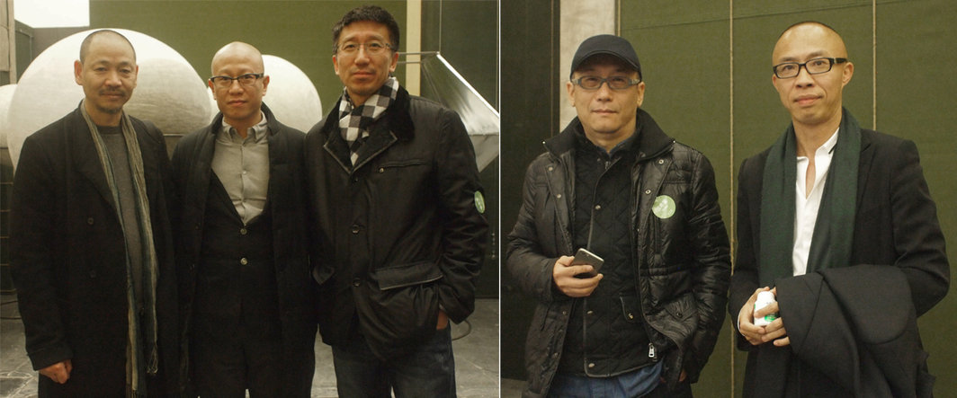左：艺术家邵译农，刘韡与王兴伟；右：艺术家展望与长征空间的卢杰.