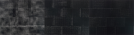格伦·利根，《出现 ＃4》（Come Out #4），2014，三联画，布面丝网印刷，总体尺寸7' 10“ × 29' 6”.