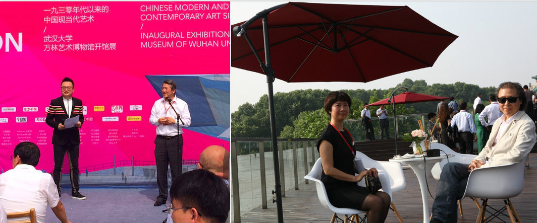 左：万林美术馆开幕式主持人与美术馆捐赠人陈东升；右：泰康空间总监唐昕与建筑设计师朱锫。