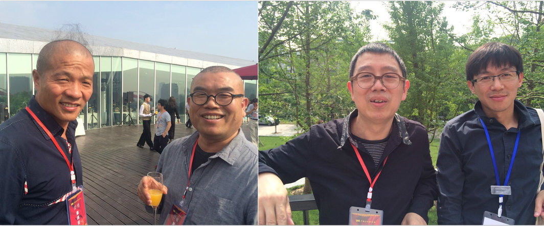 左：艺术家王庆松与刘卓全；右：艺术家洪浩与泰康空间策展人苏文祥。