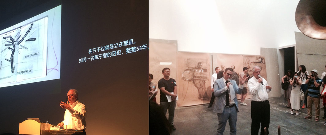 左：威廉•肯特里奇在进行题为《边缘的思考》的演讲；右：尤伦斯当代艺术中心馆长田霏宇与肯特里奇.
