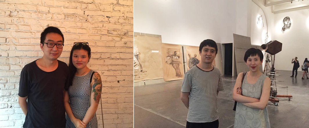 左：艺术家赵要与李姝睿；右：艺术家郝量与维他命艺术空间的王小雨.
