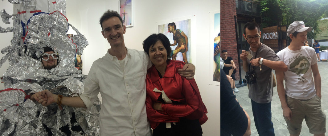 左：艺术家Oliver Herring 与策展人Josie Brown; 右：鸟头艺术家宋涛与季炜煜。