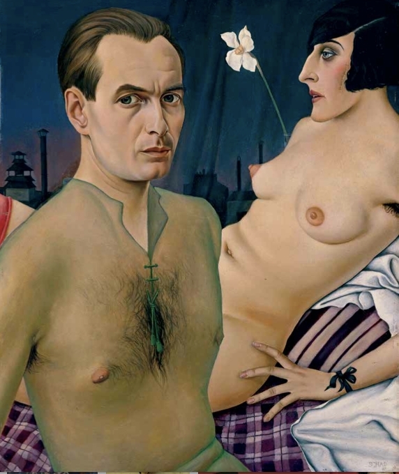 克里斯提安·查德（Christian Schad），《和模特在一起的自画像》，1927，模板上油画，30 × 241⁄4".