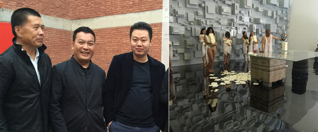 左：艺术家沈少民，魔金石空间的曲科杰与策展人崔灿灿；右：艺术家何云昌行为现场.