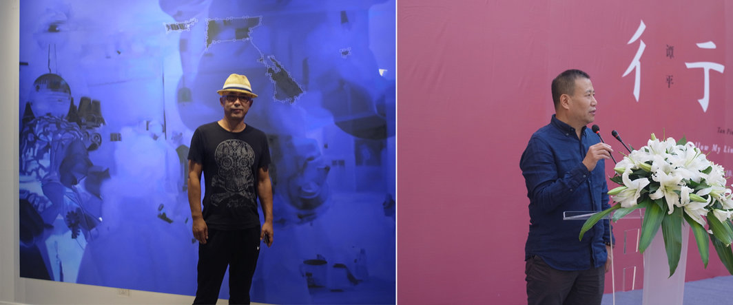 左：艺术家杨少斌；右：艺术家刘庆和开幕致辞.