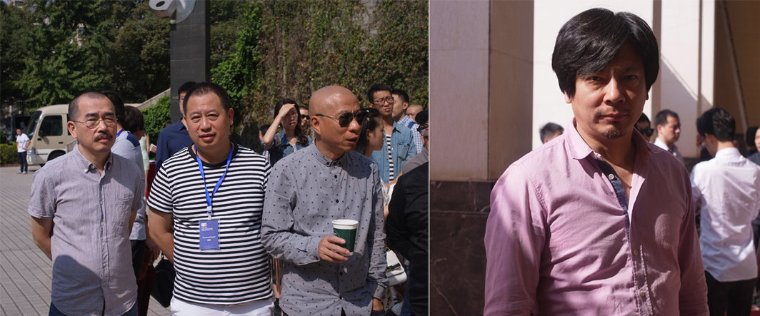 左：艺术家陈侗，当代唐人艺术中心的郑林与原湖南美术出版社副社长邹建平；右：艺术家朱加.