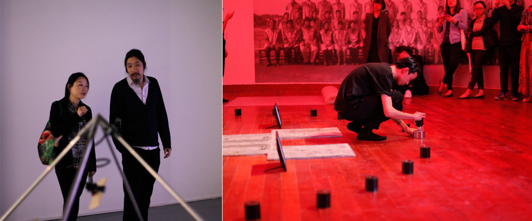 左：艺术家苗颖与策展人鲍栋；右：《发明仪式》表演现场.