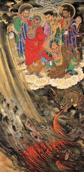 狩野一信，《五百罗汉图》第22幅《六道 地狱》，江戸時代末期，绢本着色，172.3x85.3cm，东京増上寺所藏.