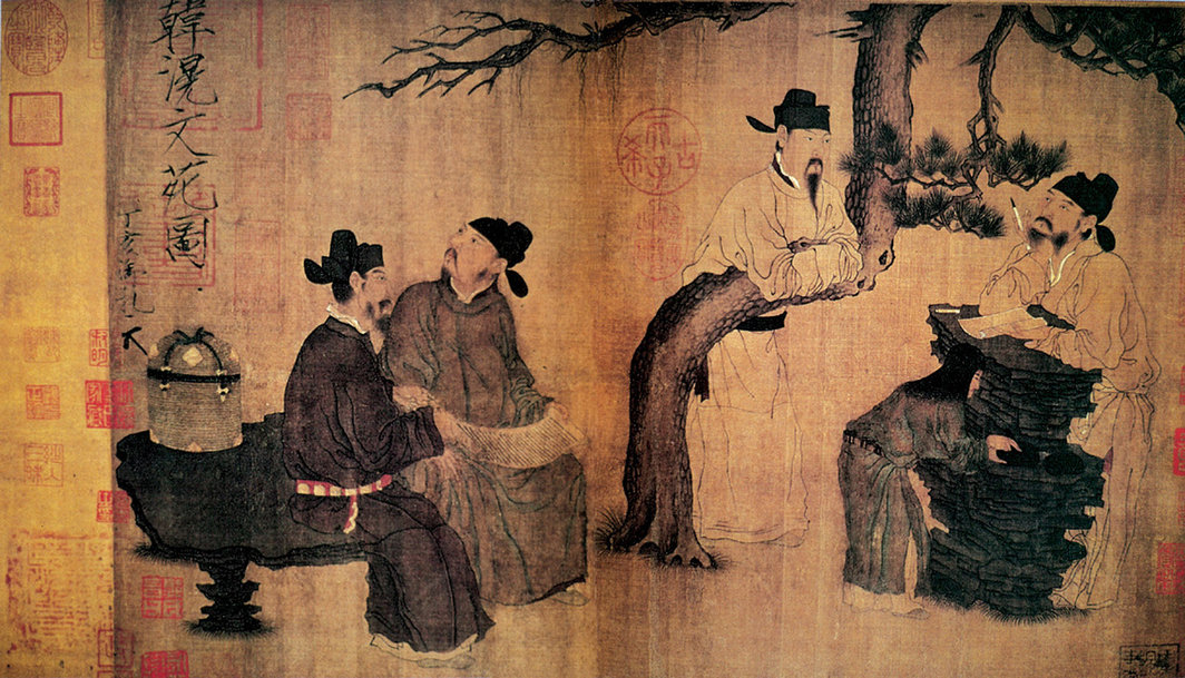 周文矩，《文苑图》，五代，绢本设色，30.4 x 58.5厘米，北京故宫博物院藏.