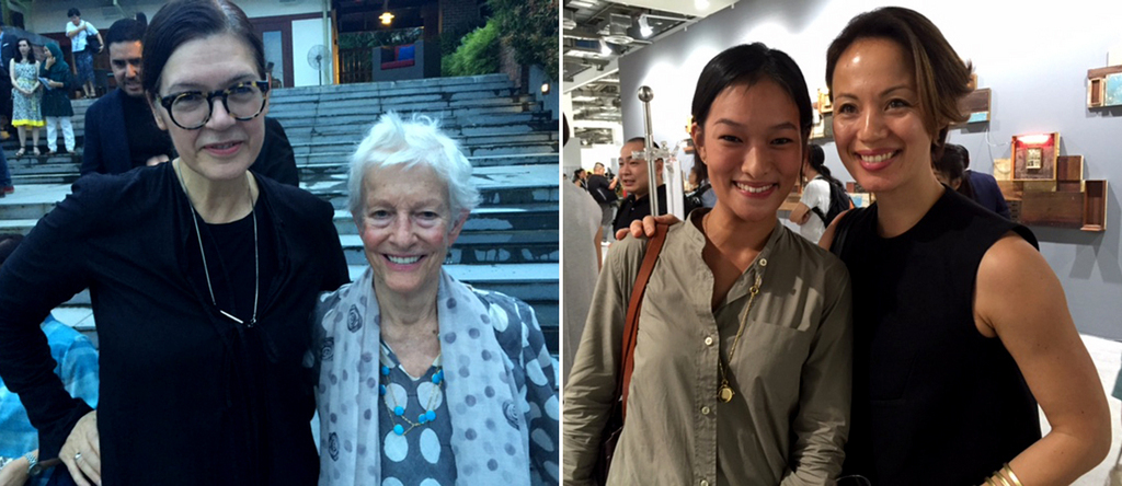 左：策展人Ute Meta Bauer与艺术家Joan Jonas；右：马凌画廊的Lorraine Malingue与亚洲艺术文献库的徐文玠.