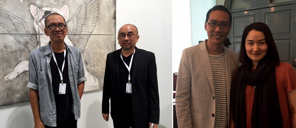 左：艺术家Agus Suwage与画廊家Biantoro Santoso；右：艺术家及策展人Michael Li与策展人项苙苹.