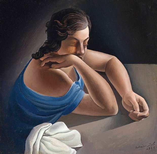 萨尔瓦多·达利，《桌边人像》，1925，板上油画，18 1⁄8 × 18 7⁄8".