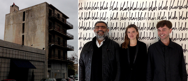 左：艺术家萨纳西斯·阿克卡利迪斯（Thanassis Akokkalidis）的《不要向下看》；右：Atopos艺术中心负责人瓦利斯·基迪那吉斯（Vassilis Zidianakis），作家克劳尔·佛劳哈特（Clo’e Floirat）与艺术家格里格·哈吉·乔耐德（Greg Haji Joannides）.