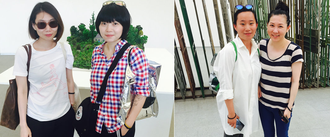 左：《ArtReview Asia》的林昱与艺术家梁玥；右：艺术家张如怡与卡斯雕塑基金会的廖薇.