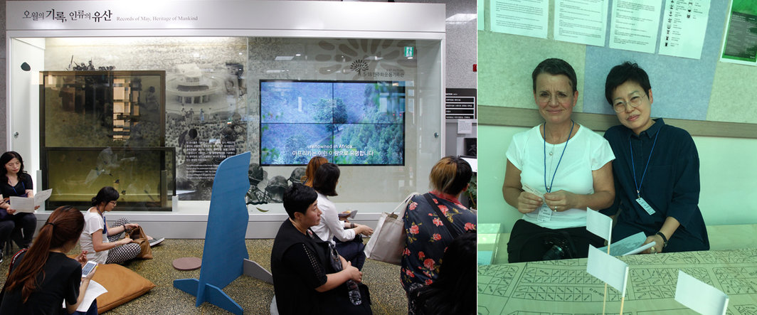 左：5•18档案馆一楼大厅中Christian Nyampeta的作品（图片由双年展提供）；右：艺术家Apolonija Šušteršič与Dari Bae在Guamdong Nuribom社区中心.