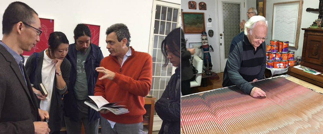 左：于Carlito Carvalhosa工作室（张离、陈怡辰、鲍栋、Carlito Carvalhosa，图片由Sarina Tang提供）；右：于Abraham Palatnik家中，后面是他大儿子.