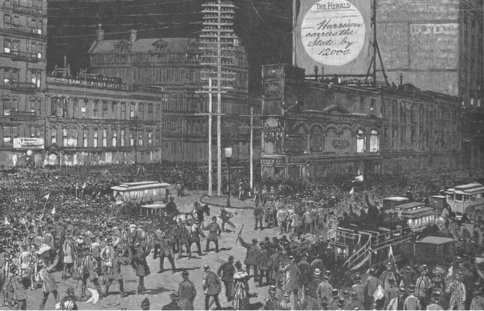 选举夜的麦迪逊大街，纽约，1888年11月6日（《哈泼斯周刊》，1888年11月17日）.