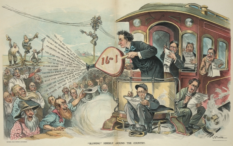 J. S. Pughe描绘威廉·詹宁斯·布赖恩1896年巡回演说的漫画（《Puck》，1896年9月16日）.
