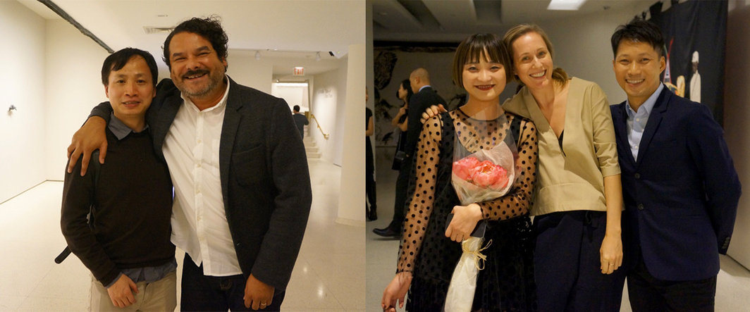 左：艺术家周滔与策展人Julio Cesar Morales；右：翁笑雨、艺术史学者安静（Lee Ambrozy）与艺术家饶加恩.