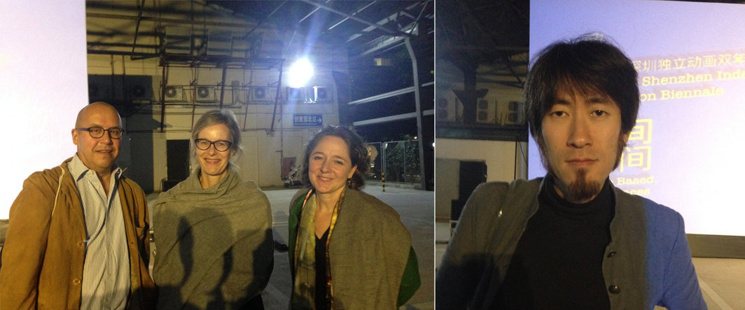 左：瑞士文化基金会视觉艺术部主任Marianne Burki（中），瑞士傀儡动画节主席Annette Schindler（右）及友人；右：联合策展人、艺术家刘真辰.