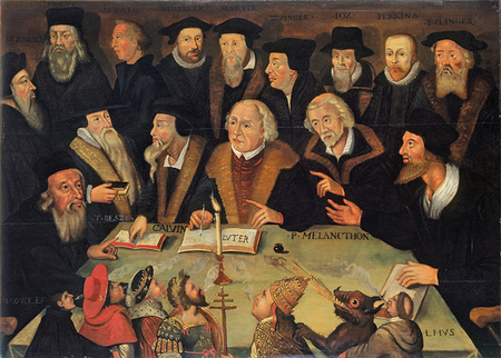 未知艺术家，《马丁·路德与宗教改革者在一起》，约 1625–50，木板上油画，26 5/8 × 35 3/8".