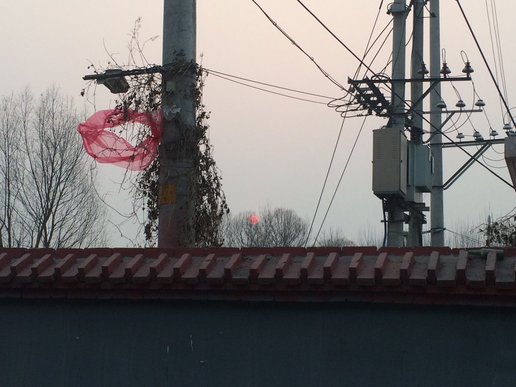 北风刮起的红塑料袋子挂在西边，充当了半小时的夕阳.