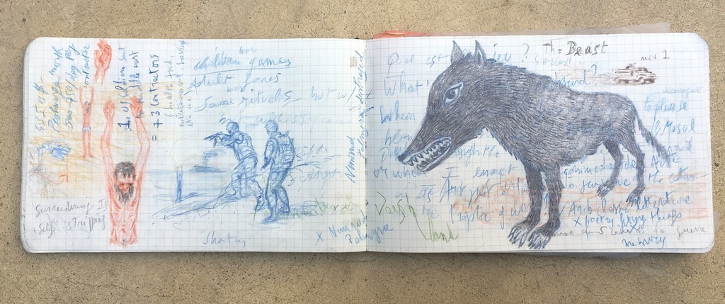 弗朗西斯·埃利斯2016年在摩苏尔地区随军期间的笔记本折页，纸上铅笔，6 x 16”.