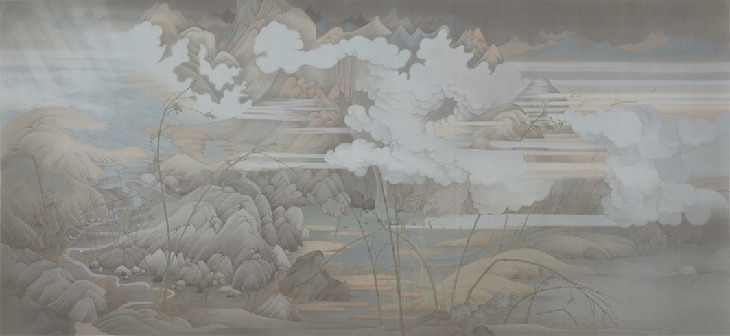 郝量，《潇湘八景—万化》，2015，绢本水墨，387×184 cm.