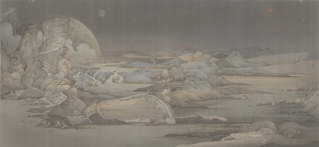 郝量，《潇湘八景—遗迹》，2015-2016，绢本水墨，387×184 cm.