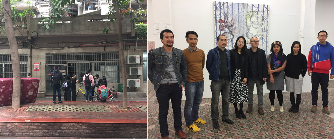 左：“上阳台”空间装修现场；右：本来画廊的陈侗（左三）与全荣花（左四），及“广东新语”展览艺术家.