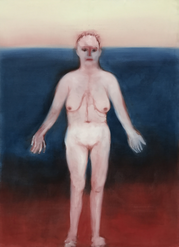 Miriam Cahn，《必须得跑》（rennen müssen）（2016年3月21日到9月17日），布面油画，110 1/5 x 78 3/4"。展场：卡塞尔文献展厅.