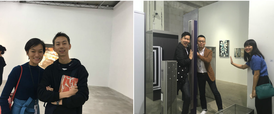 左：马凌画廊的江馨玲（Lorraine Malingue）和艺术家陶辉；右：艺术家黄汉明，画廊家许宇和维他命空间的晏川.