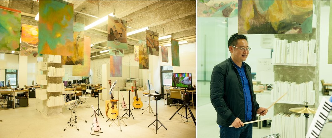 左：“逆光：双城取样”展览现场冯火作品；右：广东时代美术馆馆长赵趄.