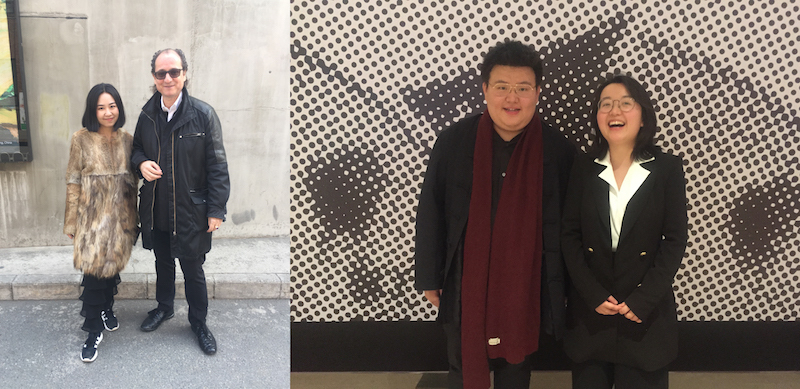 右：北京画廊周VIP项目负责人王琬与收藏家Désiré Feuerle；右：收藏家史健与王璐卿.