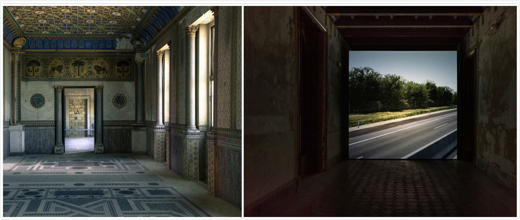 左：Forcella de Seta宫. 摄影: CAVE Studio. Manifesta 12惠允；右：John Gerrard，《无题（奥地利帕恩多夫附近）》, 2018. 摄影: Simone  Sapienza. Manifesta 12及艺术家惠允.