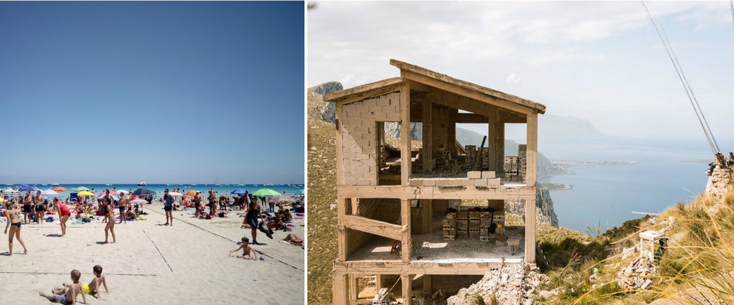 左：巴勒莫附近的蒙代洛海滩；右：加洛山. 摄影: CAVE Studio. Manifesta 12惠允.