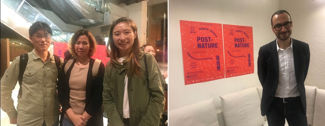 左：立方计划空间的罗悦全和郑慧华与台北当代艺术空间的徐诗雨；右：第十一届台北双年展策展人范切斯科·马纳克达.