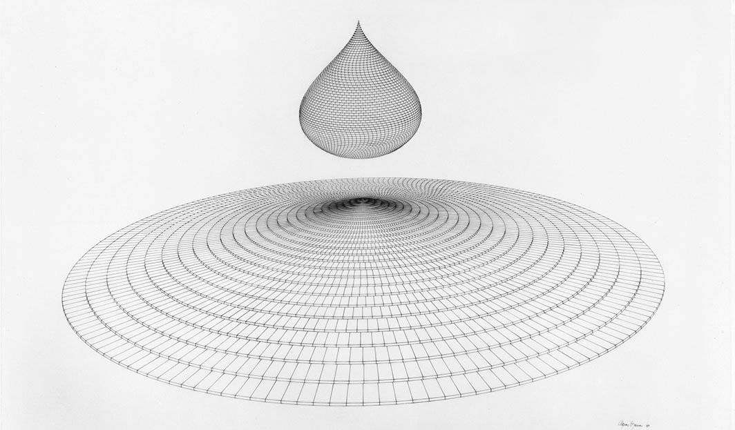 阿格尼丝·丹尼斯，《泪珠——纪念被地面束缚的纪念碑》，1984，羊皮纸面墨水， 46 × 80".