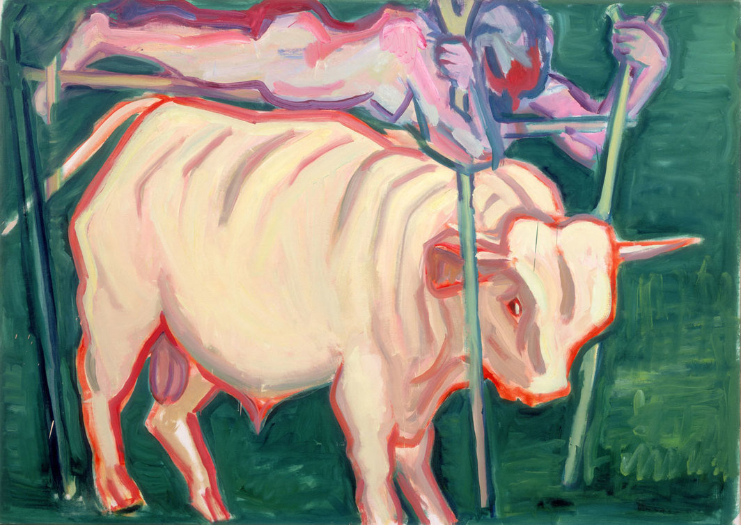 玛丽亚·拉斯尼克，《处女和牛（Jungfraueninitiation）》，1988，布面油画，57 1⁄2 × 80 3⁄4".
