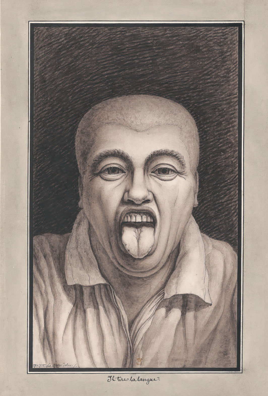 让-雅克·勒格，《他伸出舌头》，1777-1825，纸上钢笔、墨水、晕染，13 5⁄8 × 9 1⁄4英寸.