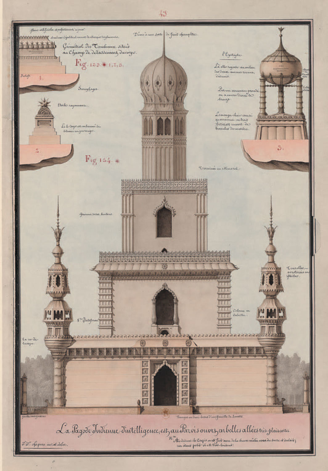 让-雅克·勒格，《印度智能塔和陵墓》，1777-1825，纸上钢笔、墨水、晕染、水彩，17 1⁄2 x 12 1⁄8英寸. 收录于《民间建筑》（1777-1825）.